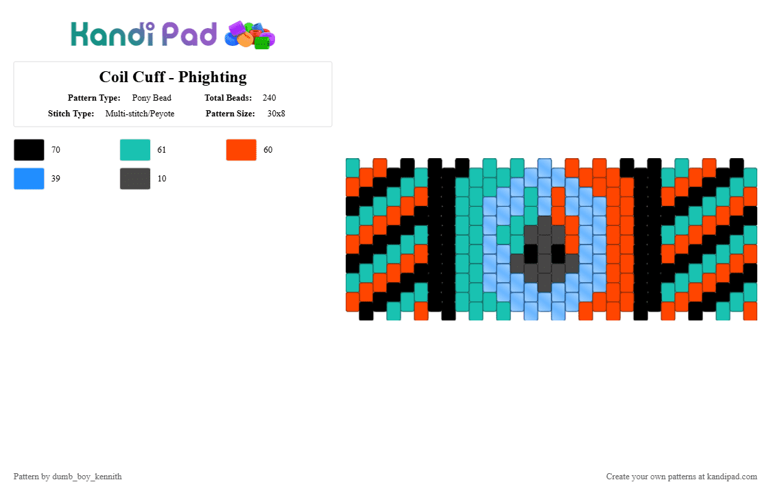 Coil Cuff - Phighting - Pony Bead Pattern by dumb_boy_kennith on Kandi Pad - teal,red,coil,coil phighting,phighting,orange,blue,black