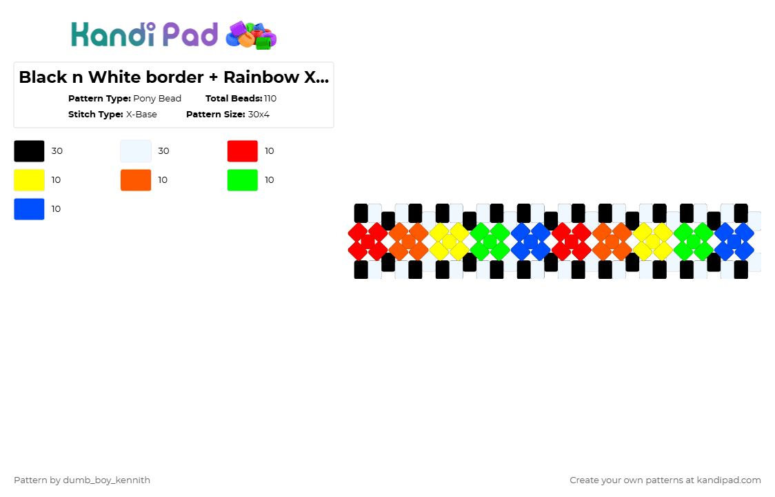 Black n White border + Rainbow X pattern | X cuff - Pony Bead Pattern by dumb_boy_kennith on Kandi Pad - yellow,green,colorful