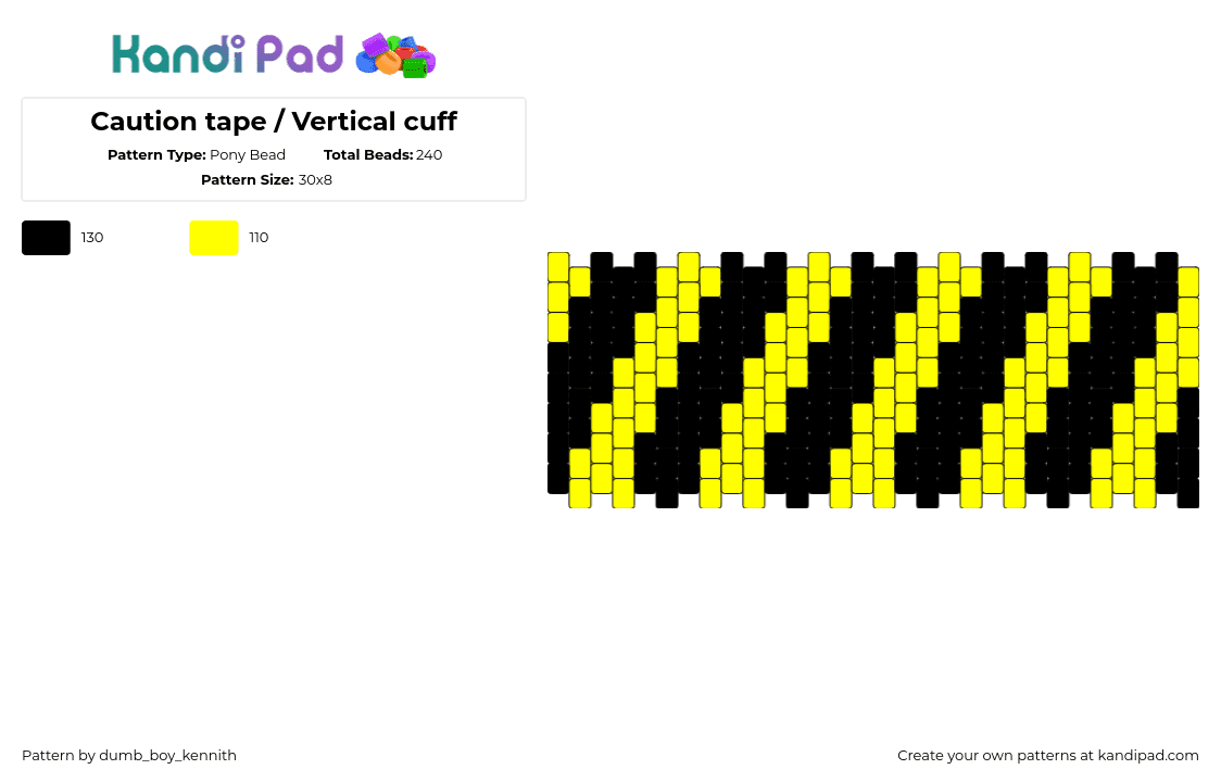 Caution tape / Vertical cuff - Pony Bead Pattern by dumb_boy_kennith on Kandi Pad - caution,diagonal,stripes,cuff,warning,yellow,black