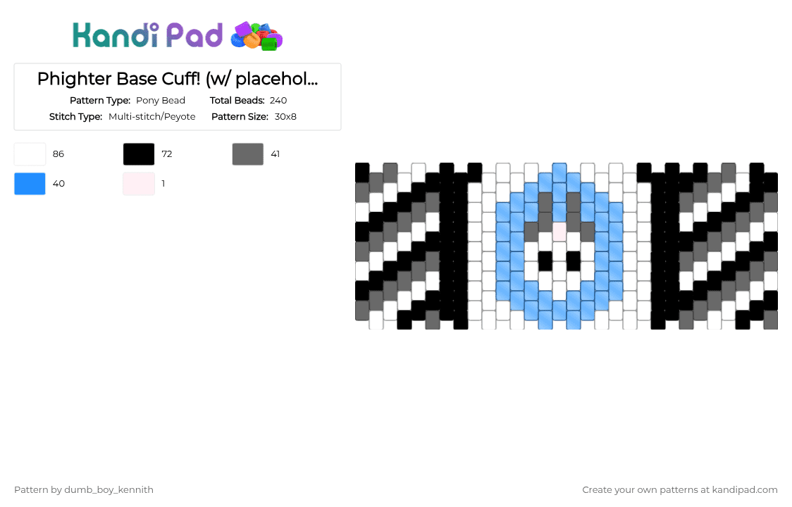 Phighter Base Cuff! (w/ placeholder horns) - Pony Bead Pattern by dumb_boy_kennith on Kandi Pad - black, gray, grey, light blue, phighting, roblox phighting, white