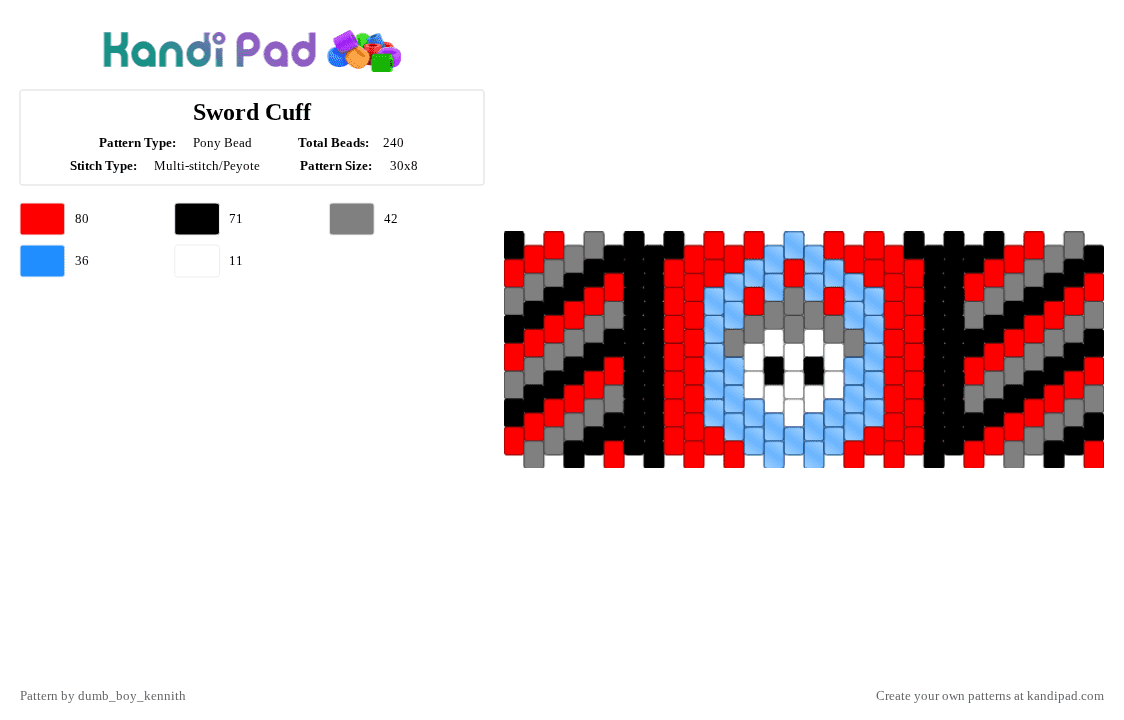 Sword Cuff - Phighting - Pony Bead Pattern by dumb_boy_kennith on Kandi Pad - red,sword,phighting,sword phighting,black,gray