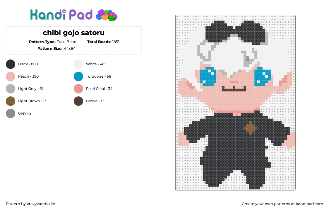 chibi gojo satoru - Fuse Bead Pattern by krazykandiollie on Kandi Pad - satoru gojo,jujutsu kaisen,anime,character,chibi,pink,white,black