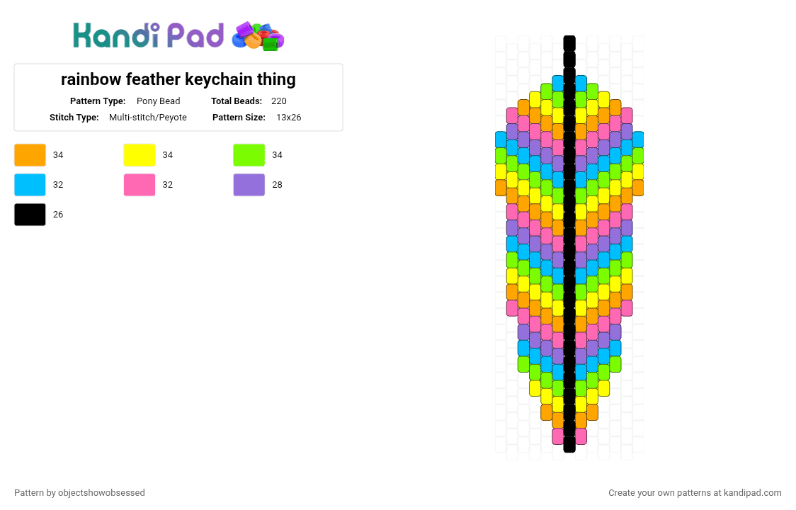 rainbow feather keychain thing - Pony Bead Pattern by objectshowobsessed on Kandi Pad - yellow,light blue,colorful