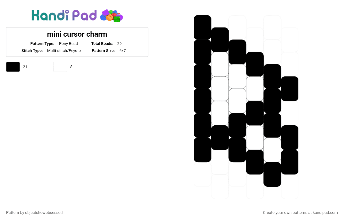 mini cursor charm - Pony Bead Pattern by objectshowobsessed on Kandi Pad - black, white
