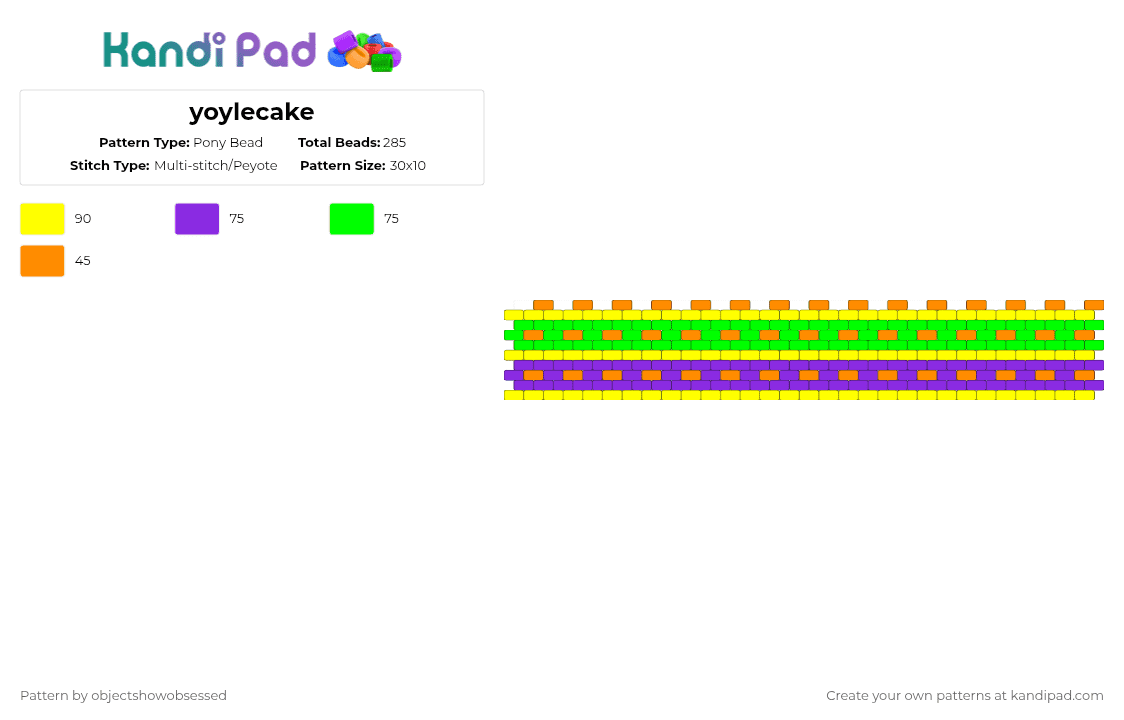 yoylecake - Pony Bead Pattern by objectshowobsessed on Kandi Pad - yellow,purple,green