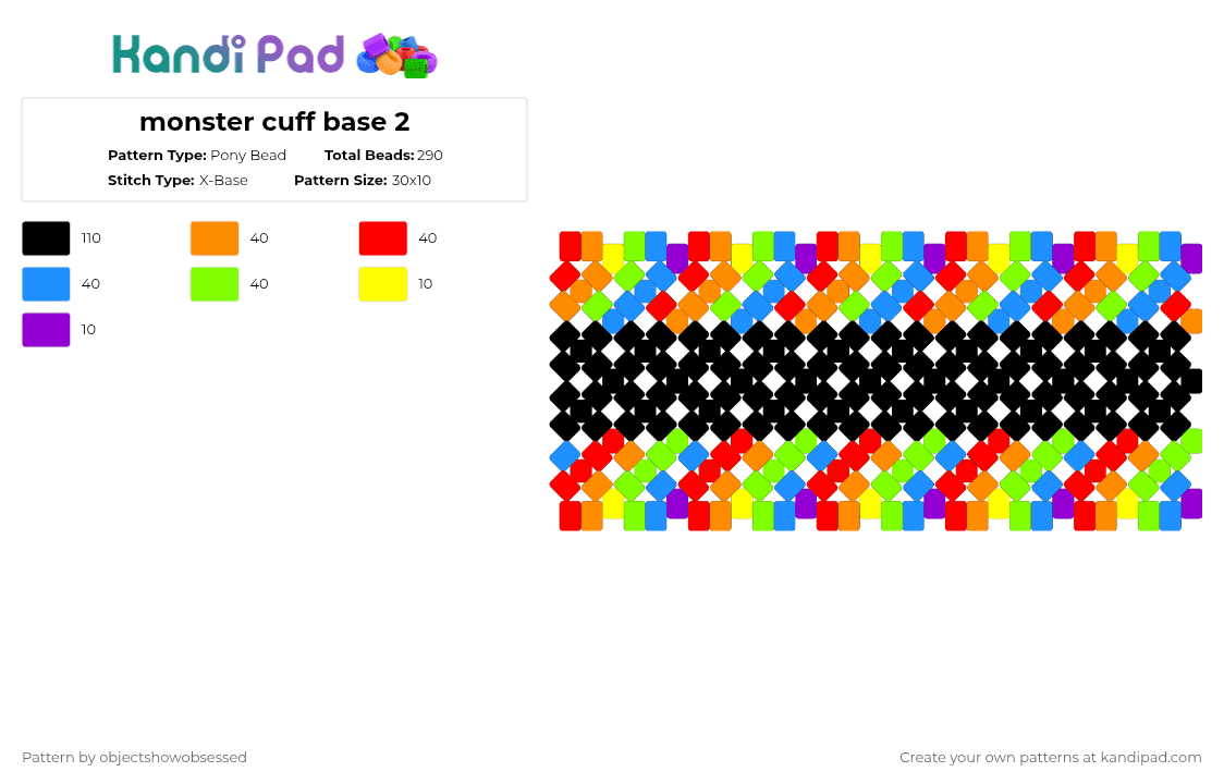 monster cuff base 2 - Pony Bead Pattern by objectshowobsessed on Kandi Pad - green, light blue, orange, red
