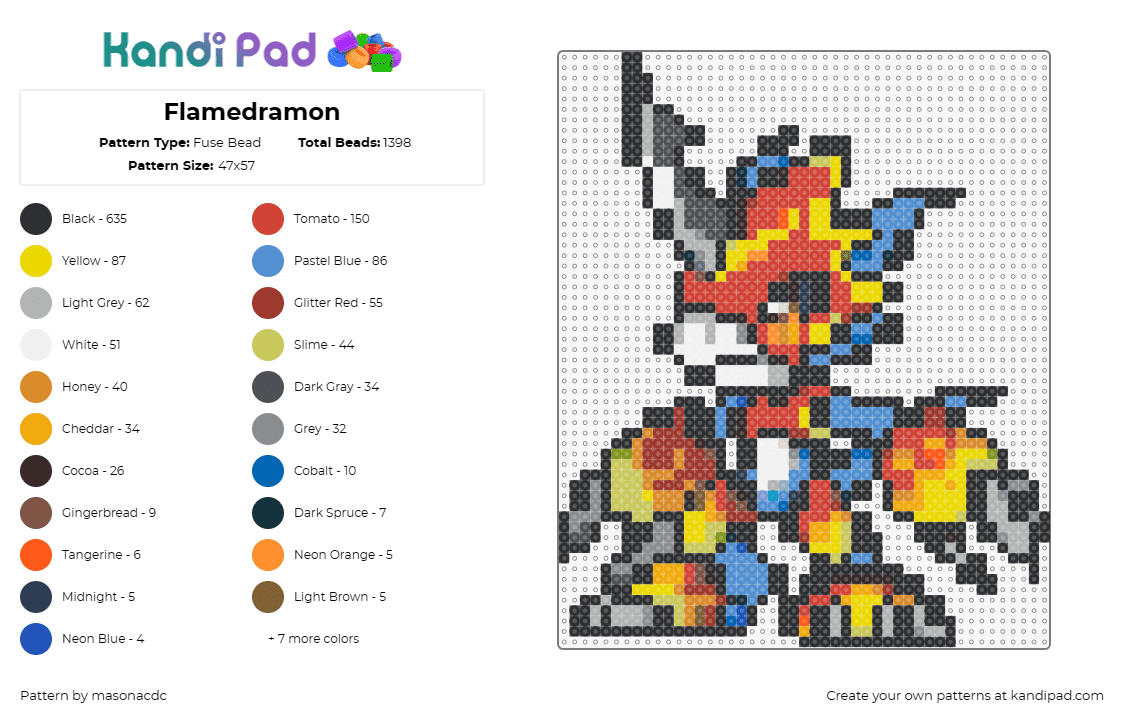 Flamedramon - Fuse Bead Pattern by masonacdc on Kandi Pad - flamedramon,digimon,character,gaming,colorful,fiery,red,orange,yellow