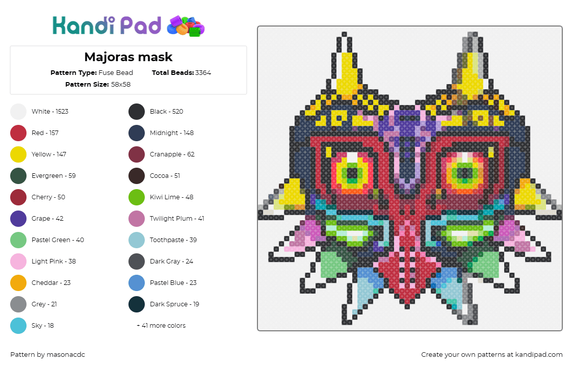 Majoras mask - Fuse Bead Pattern by masonacdc on Kandi Pad - majoras mask,legend of zelda,eyes,colorful,horns,video game,red,purple,yellow