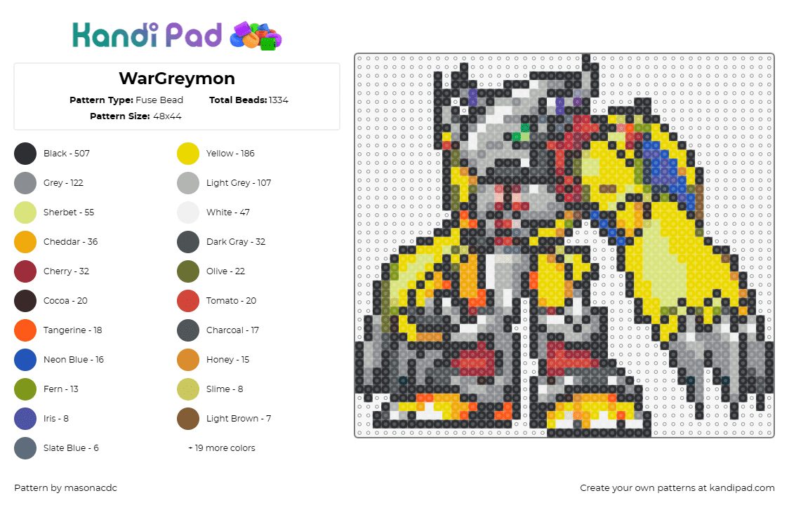 WarGreymon - Fuse Bead Pattern by masonacdc on Kandi Pad - greymon,digimon,evolution,agumon,character,gaming,yellow,gray