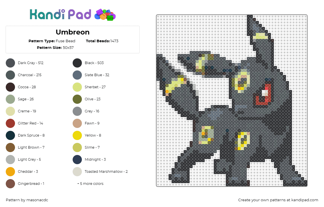 Umbreon - Fuse Bead Pattern by masonacdc on Kandi Pad - umbreon,pokemon,eevee,character,gaming,black,gray