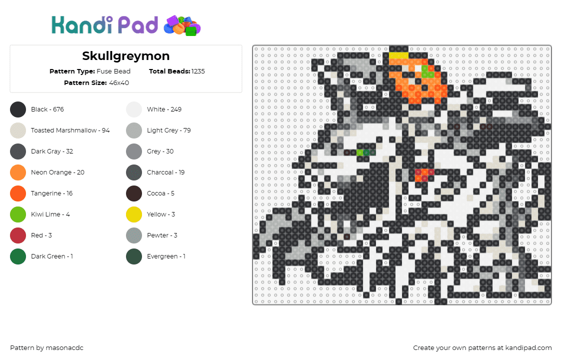 Skullgreymon - Fuse Bead Pattern by masonacdc on Kandi Pad - skullgreymon,digimon,character,creature,spooky,scary,gaming,white,gray