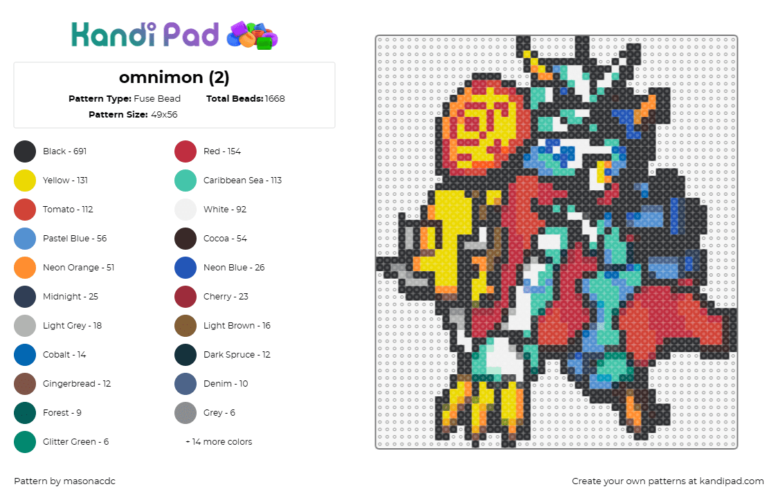 omnimon (2) - Fuse Bead Pattern by masonacdc on Kandi Pad - omnimon,digimon,character,gaming,colorful,red,teal,yellow