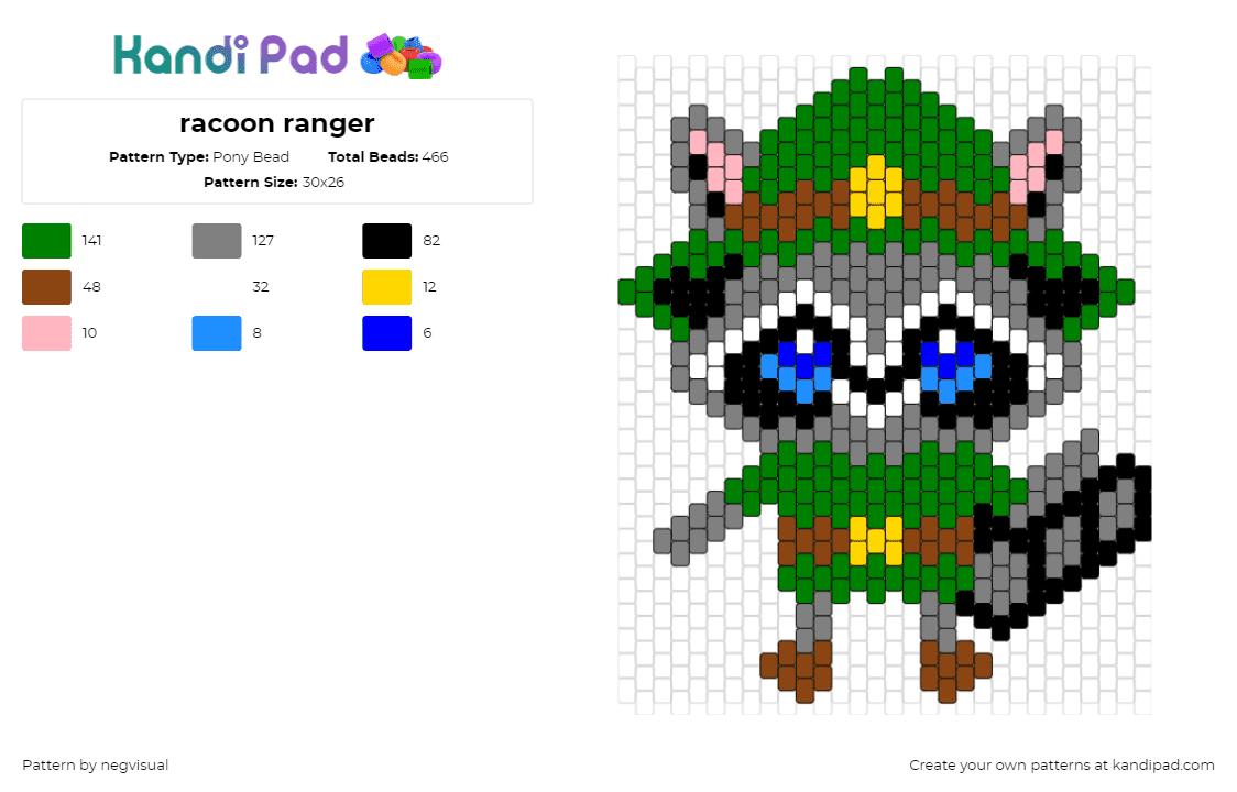 racoon ranger - Pony Bead Pattern by negvisual on Kandi Pad - raccoon,ranger,character,forest,animal,cute,hat,green,gray,brown