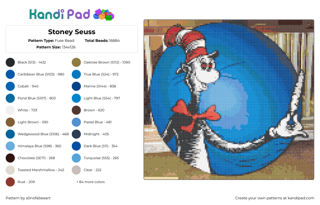 Stoney Seuss - Fuse Bead Pattern by s0nofabeeart on Kandi Pad - dr seuss,cat in the hat,joint,marijuana,story,blue,red,white