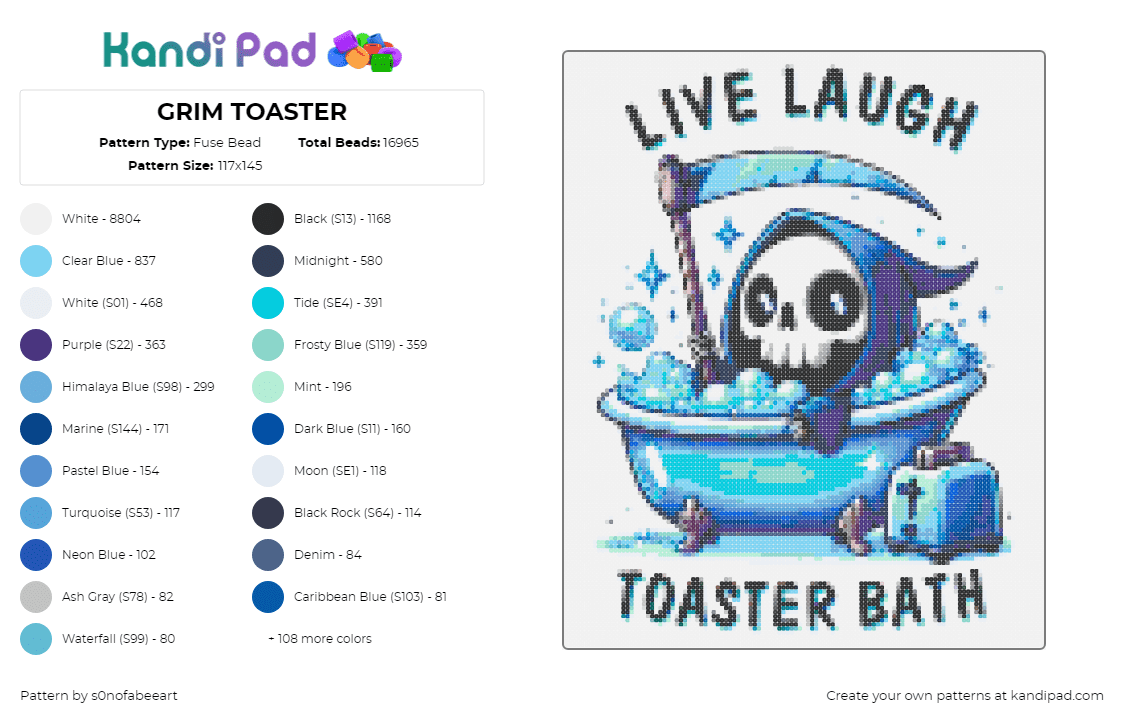 GRIM TOASTER - Fuse Bead Pattern by s0nofabeeart on Kandi Pad - grim reaper,bath tub,live laugh toaster bath,sign silly,text,death,blue,light blue