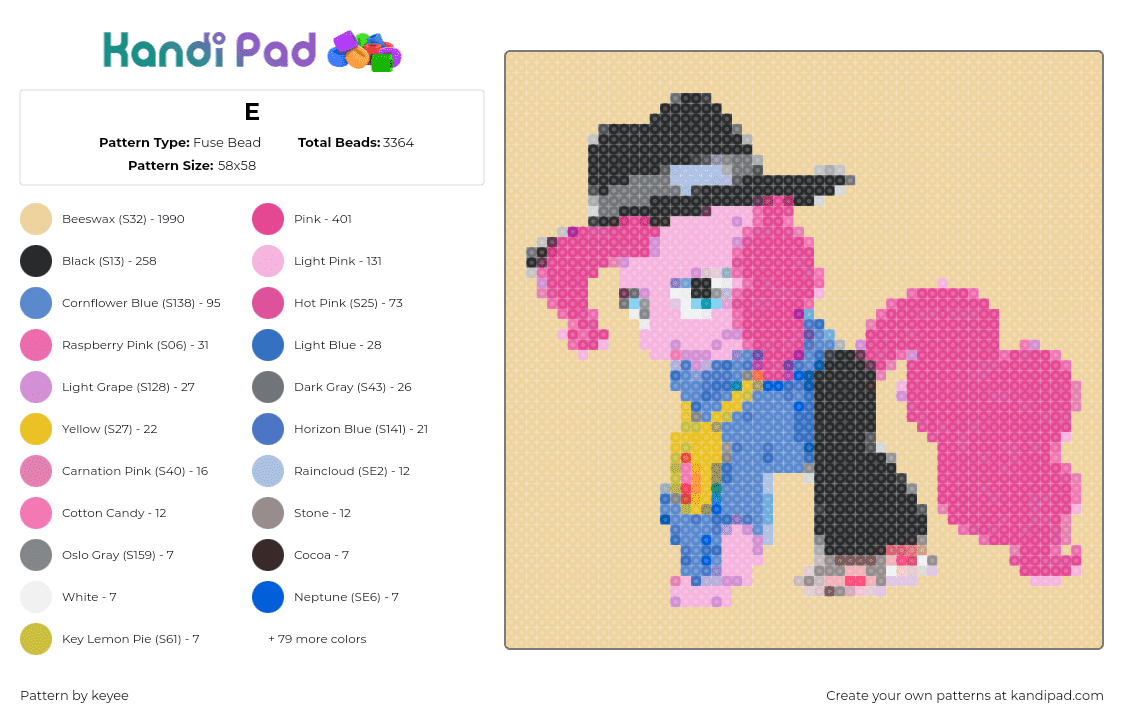 E - Fuse Bead Pattern by keyee on Kandi Pad - pinkie pie,mlp,my little pony,character,hat,pink,black,blue