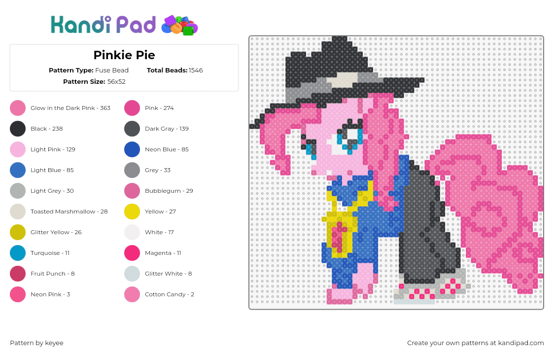 Pinkie Pie - Fuse Bead Pattern by keyee on Kandi Pad - pinkie pie,mlp,my little pony,character,hat,pink,black,blue