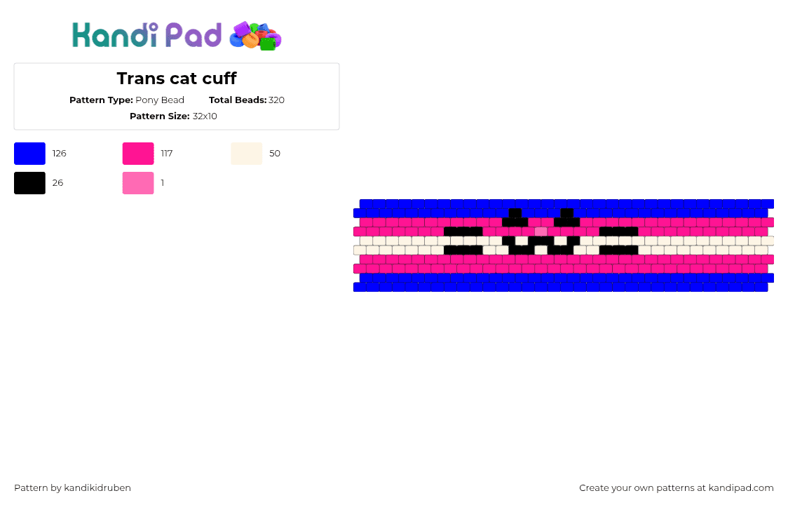 Trans cat cuff - Pony Bead Pattern by kandikidruben on Kandi Pad - trans,pride,emoticon,cat,cuff,blue,pink