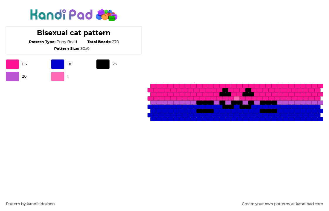 Bisexual cat pattern - Pony Bead Pattern by kandikidruben on Kandi Pad - bisexual,pride,emoticon,cat,cuff,pink,blue