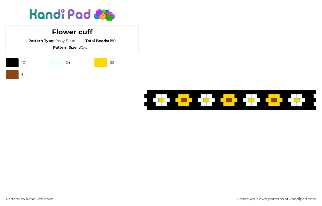 Flower cuff - Pony Bead Pattern by kandikidruben on Kandi Pad - daisies,flowers,repeating,cuff,black,yellow,white