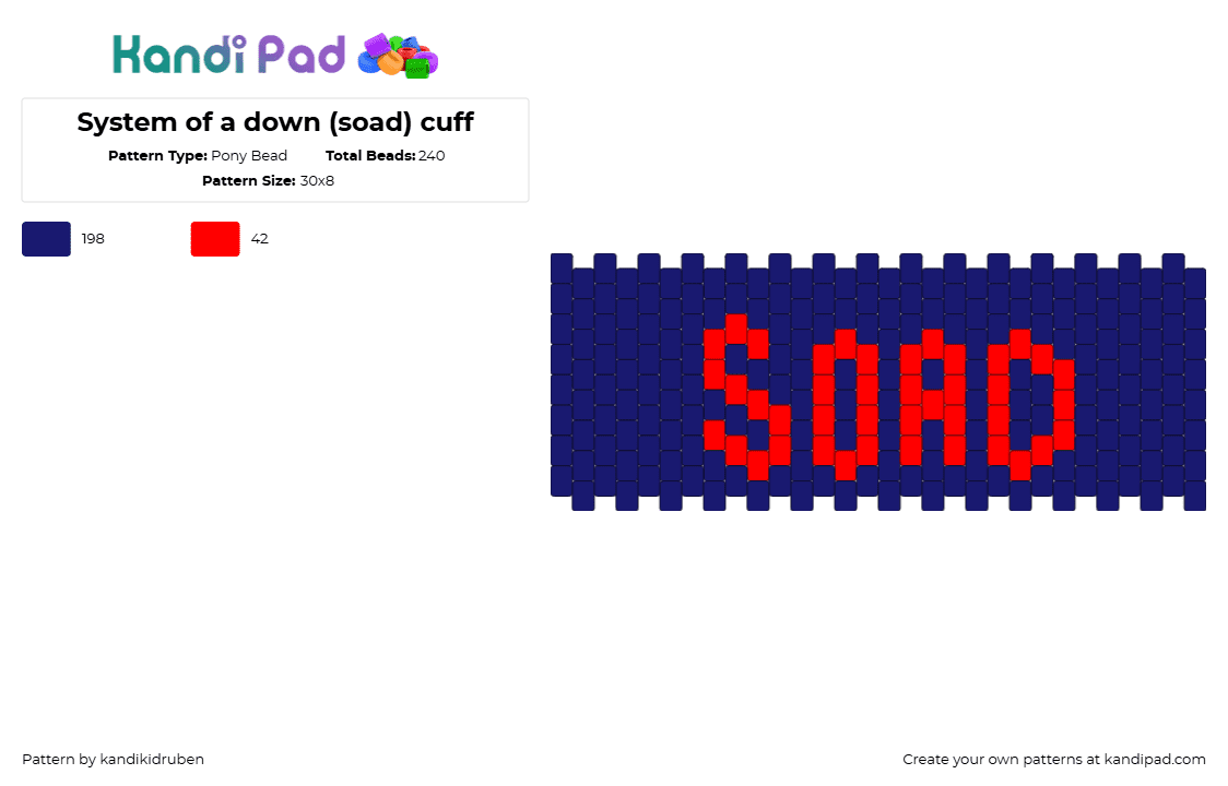 System of a down (soad) cuff - Pony Bead Pattern by kandikidruben on Kandi Pad - soad,system of a down,band,text,music,cuff,blue,red