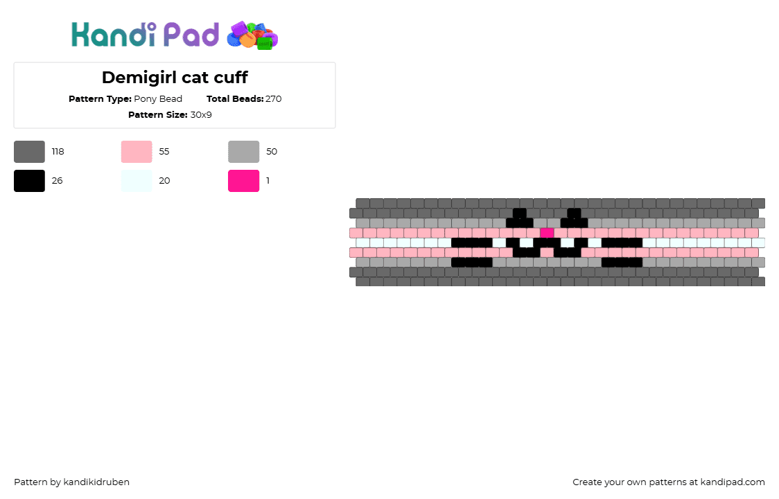 Demigirl cat cuff - Pony Bead Pattern by kandikidruben on Kandi Pad - demigirl,pride,emoticon,cat,cuff,pink,gray