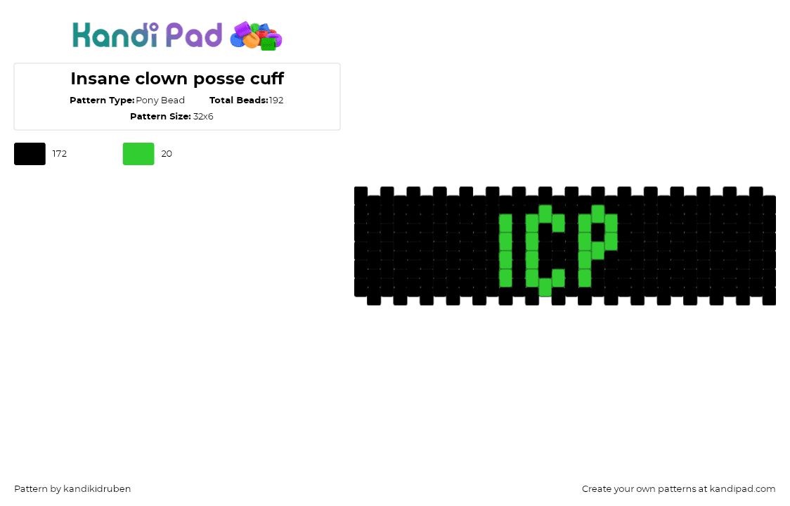 Insane clown posse cuff - Pony Bead Pattern by kandikidruben on Kandi Pad - icp,insane clown posse,rap,text,music,cuff,black,green