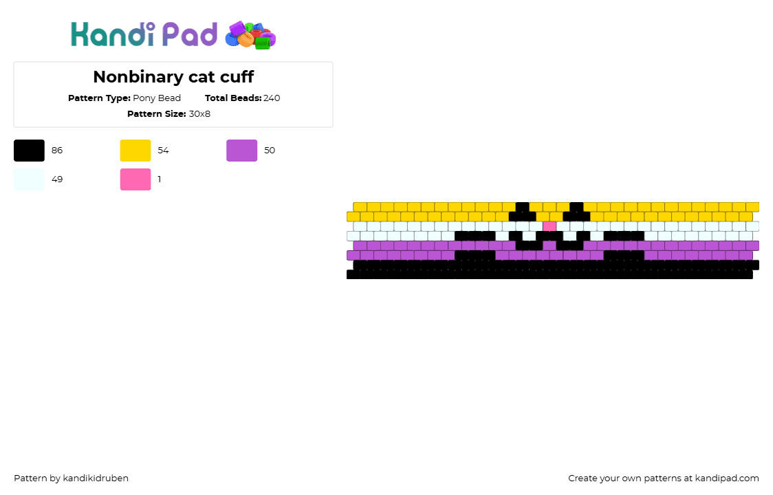 Nonbinary cat cuff - Pony Bead Pattern by kandikidruben on Kandi Pad - nonbinary,pride,emoticon,cat,cuff,yellow,purple