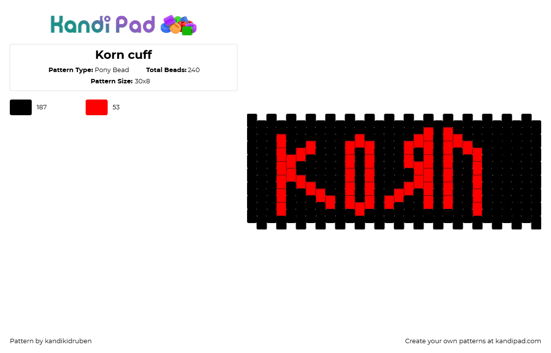 Korn cuff - Pony Bead Pattern by kandikidruben on Kandi Pad - korn,band,metal,text,music,cuff,dark,black,red