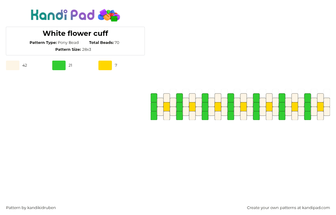 White flower cuff - Pony Bead Pattern by kandikidruben on Kandi Pad - daisies,flowers,chain,bracelet,cuff,white,green