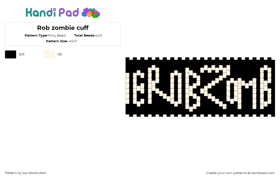 Rob zombie cuff - Pony Bead Pattern by kandikidruben on Kandi Pad - rob zombie,text,metal,music,cuff,black,white