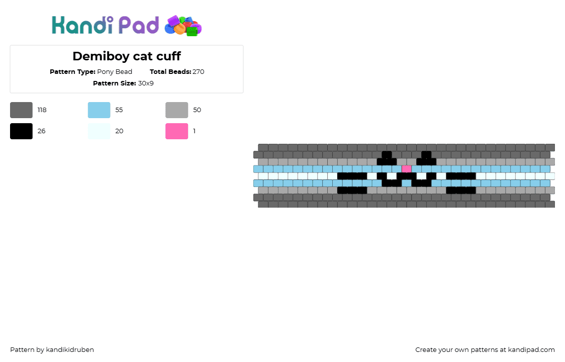 Demiboy cat cuff - Pony Bead Pattern by kandikidruben on Kandi Pad - demiboy,pride,emoticon,cat,cuff,light blue,gray