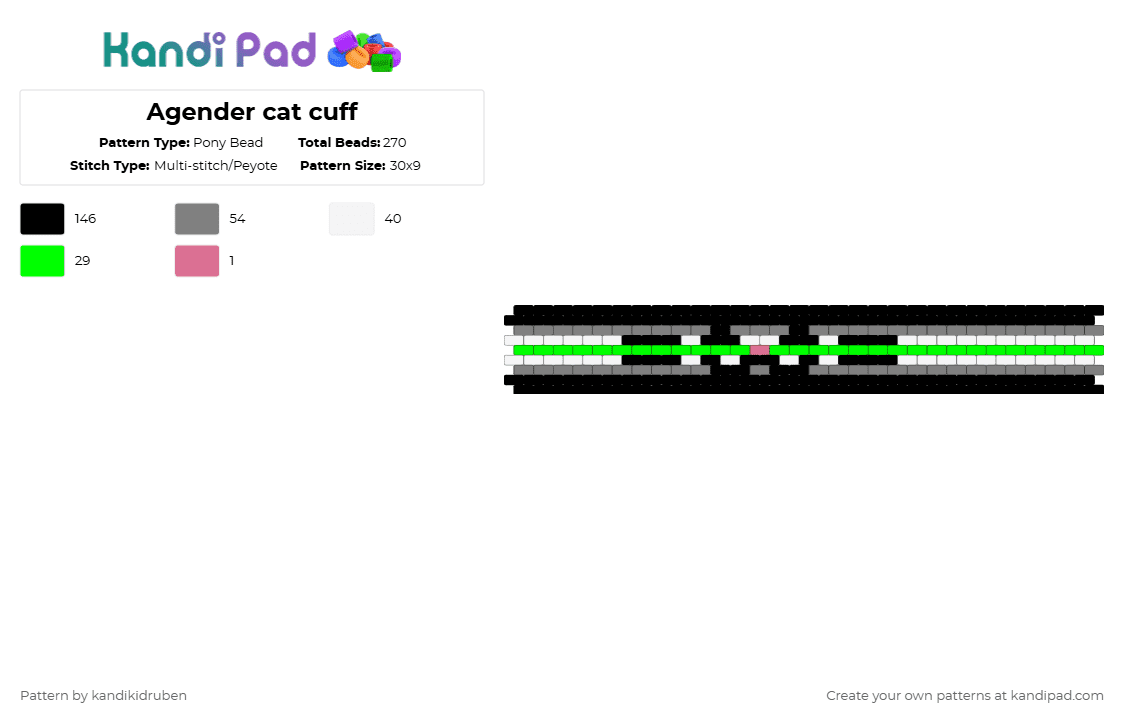 Agender cat cuff - Pony Bead Pattern by kandikidruben on Kandi Pad - black,gray,green