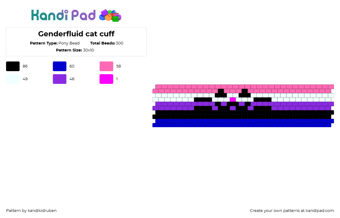 Genderfluid cat cuff - Pony Bead Pattern by kandikidruben on Kandi Pad - genderfluid,pride,emoticon,cat,cuff,pink,blue