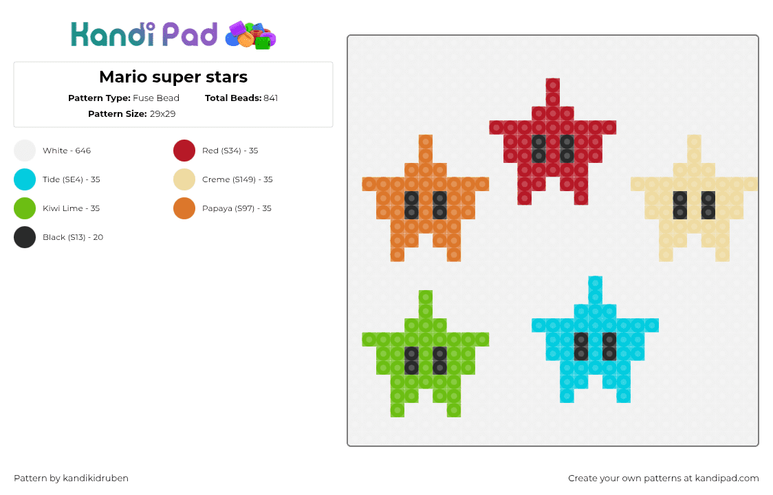 Mario super stars - Fuse Bead Pattern by kandikidruben on Kandi Pad - white,light blue,green,colorful