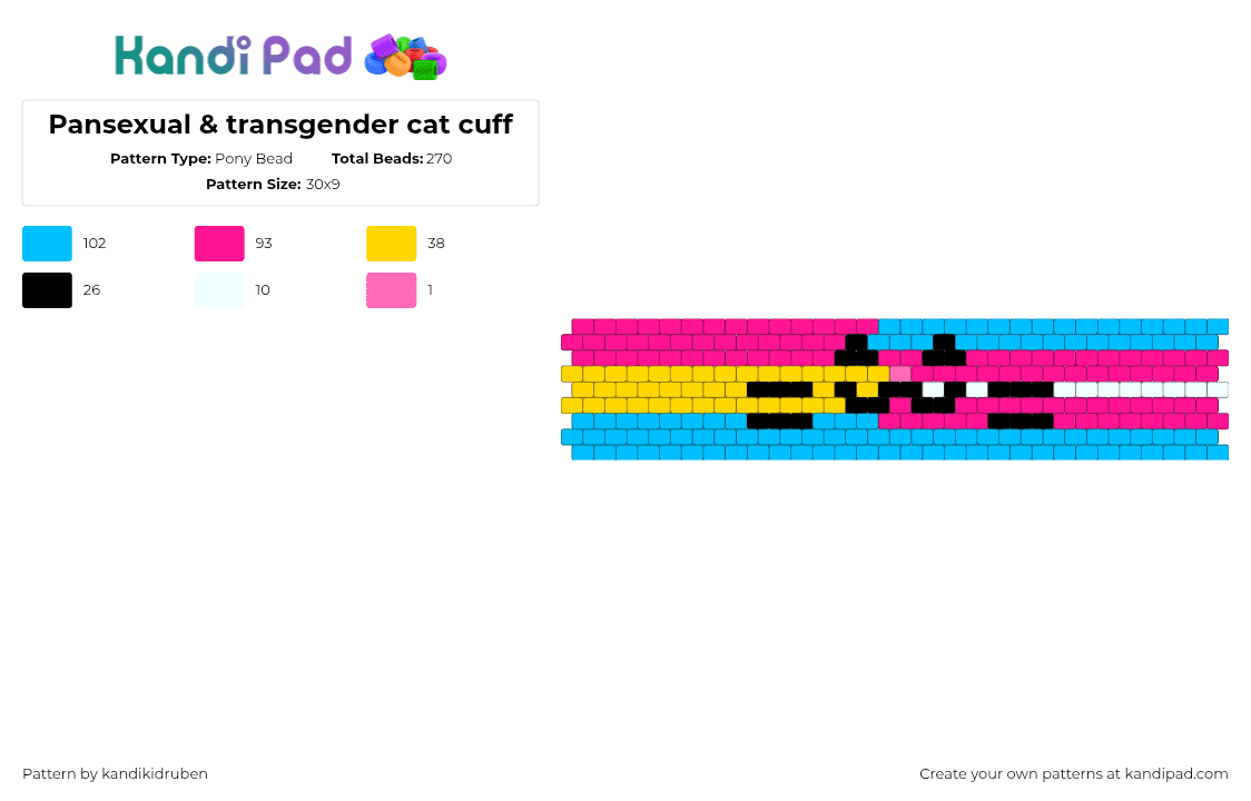 Pansexual & transgender cat cuff - Pony Bead Pattern by kandikidruben on Kandi Pad - pansexual,transgender,emoticon,pride,cuff,light blue,pink