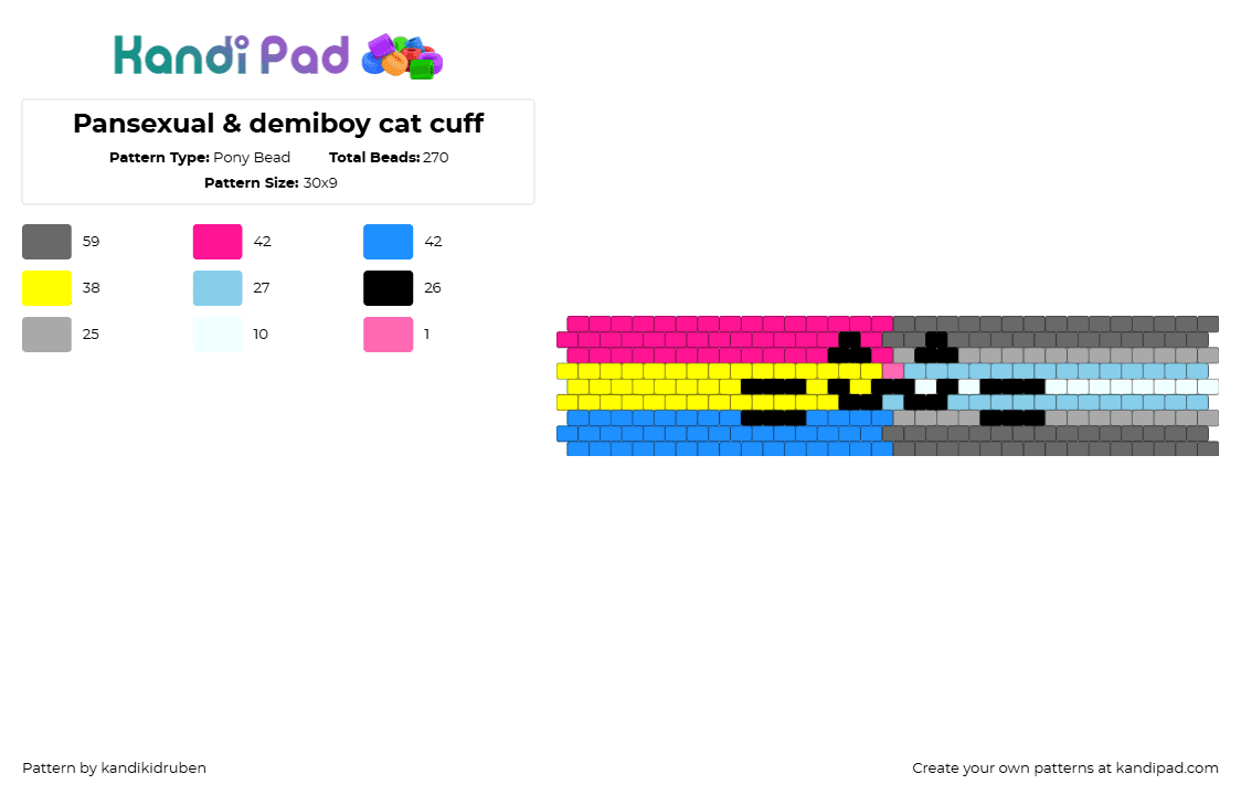 Pansexual & demiboy cat cuff - Pony Bead Pattern by kandikidruben on Kandi Pad - pansexual,demiboy,pride,emoticon,cat,cuff,pink,gray,light blue,yellow