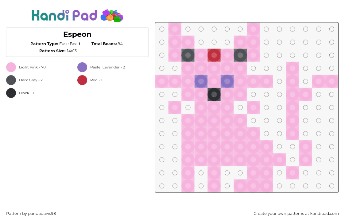 Espeon - Fuse Bead Pattern by pandadavis98 on Kandi Pad - espeon,pokemon,character,gaming,simple,pink