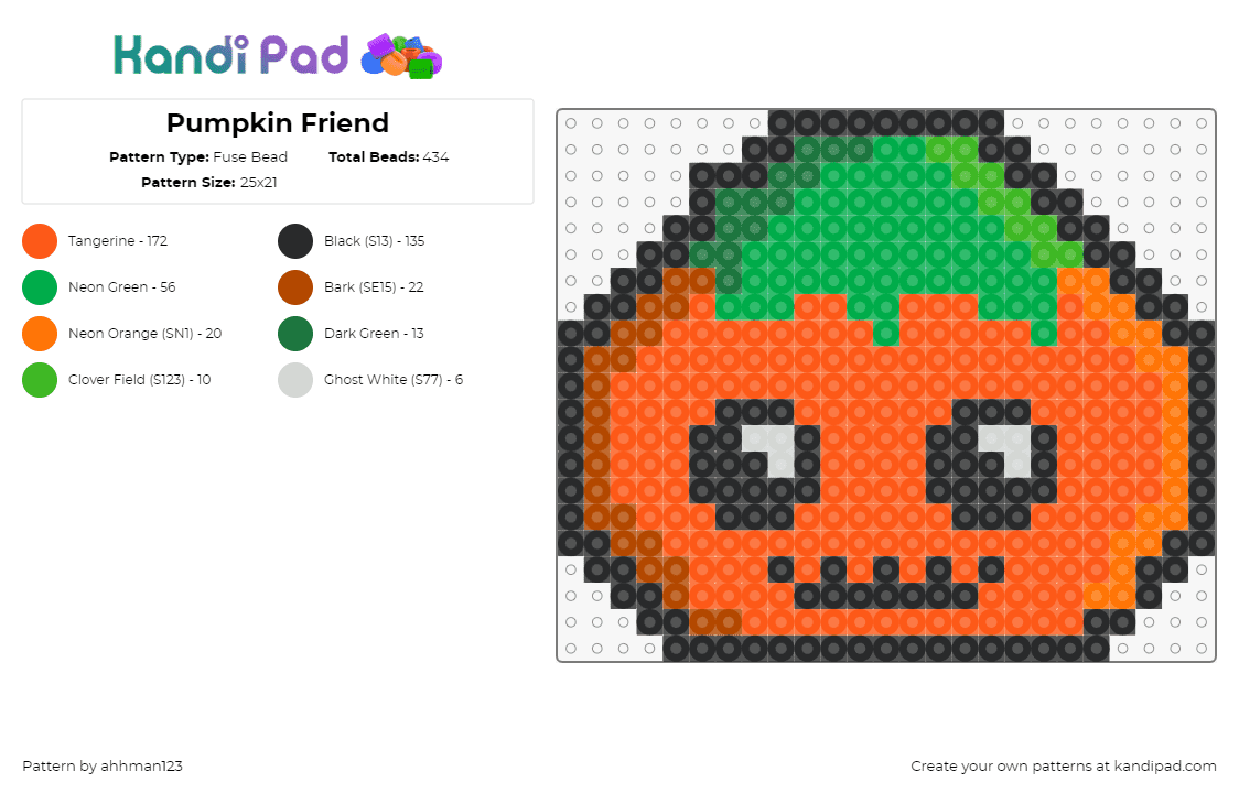 Pumpkin Friend - Fuse Bead Pattern by ahhman123 on Kandi Pad - pumpkin,cute,face,eyes,halloween,orange,green