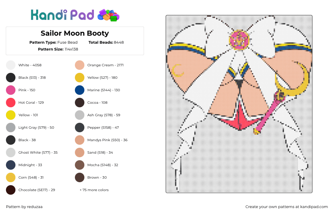 Sailor Moon Booty - Fuse Bead Pattern by reduzaa on Kandi Pad - sailor moon,booty,bow,anime,heart,nsfw,white,tan