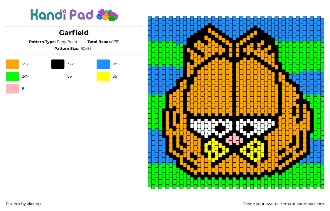 Garfield - Pony Bead Pattern by kikiepp on Kandi Pad - garfield,cat,comic,character,head,panel,tapestry,stripes,orange,blue,green