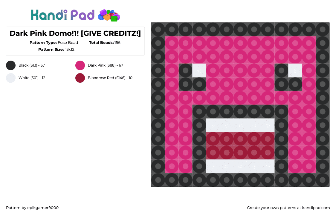 Dark Pink Domo!1! [GIVE CREDITZ!] - Fuse Bead Pattern by epikgamer9000 on Kandi Pad - domo,head,block,pink,black