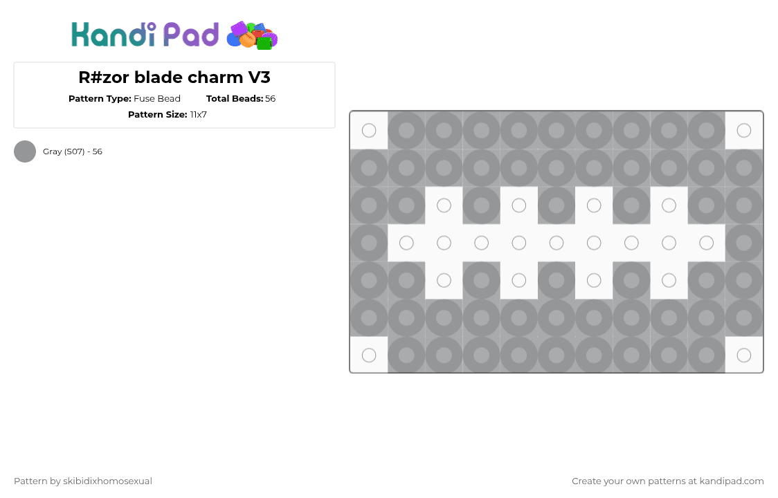 R#zor blade charm V3 - Fuse Bead Pattern by skibidixhomosexual on Kandi Pad - gray,razor,rasor,razor blade,rasor balde,blade,sharp,tw