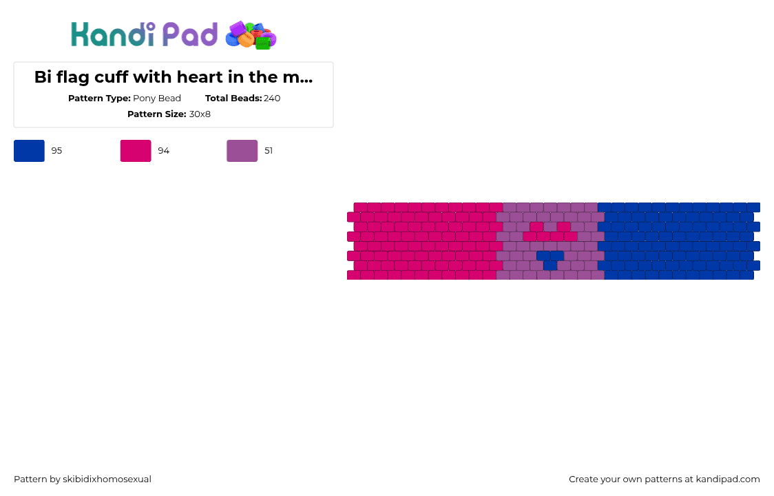 Bi flag cuff with heart in the middle (LGBTQ+ pride) - Pony Bead Pattern by skibidixhomosexual on Kandi Pad - bi,pride,heart,cuff,pink,blue,purple