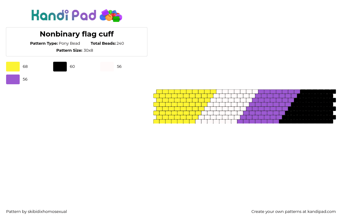 Nonbinary flag cuff (LGBTQ+) - Pony Bead Pattern by skibidixhomosexual on Kandi Pad - nonbinary,pride,cuff,yellow,white,purple,black