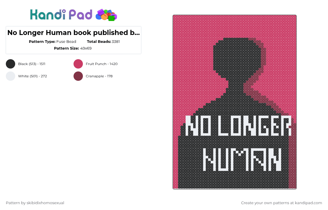 No Longer Human book published by Osamu Dazai - Fuse Bead Pattern by skibidixhomosexual on Kandi Pad - pink,cotdbooks,book,dazai,osamu,osamu dazai,dazai osamu,bsd,bungo stray dogs