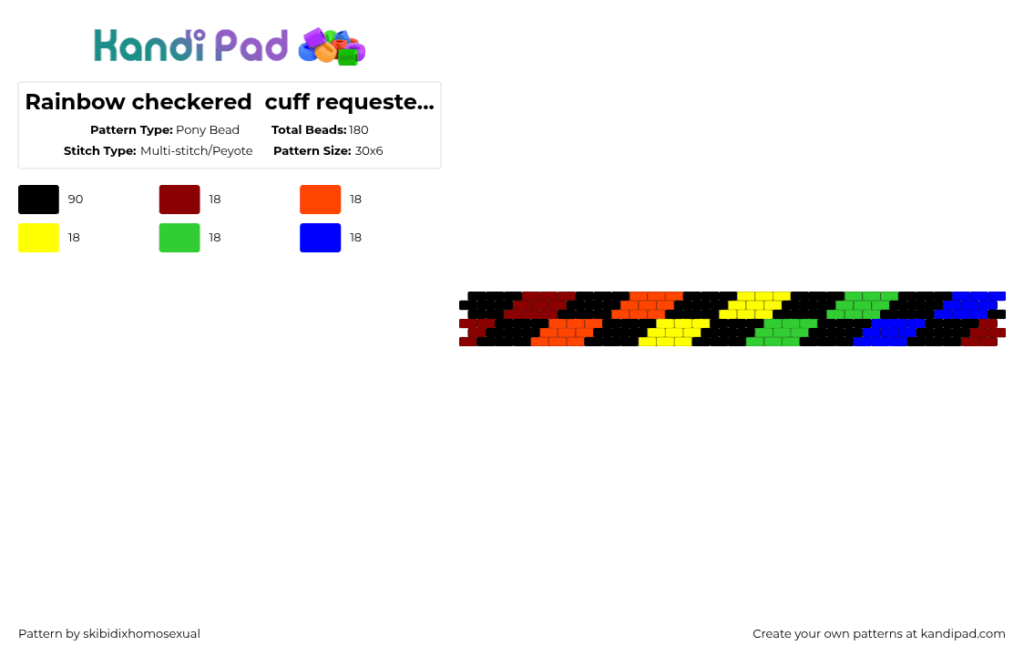 Rainbow checkered  cuff requested by: G4l4cti4l - Pony Bead Pattern by skibidixhomosexual on Kandi Pad - black,red,checkered,rainbow,scene,scenecore