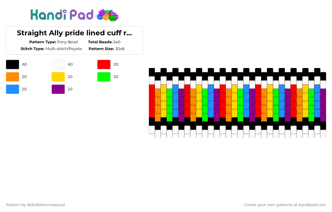 Straight Ally pride lined cuff requested by: browniebass227 - Pony Bead Pattern by skibidixhomosexual on Kandi Pad - ally, colorful, cuff, green, lgbtq, lgbtqia, orange, pink, pride, rainbow, straight, straight ally