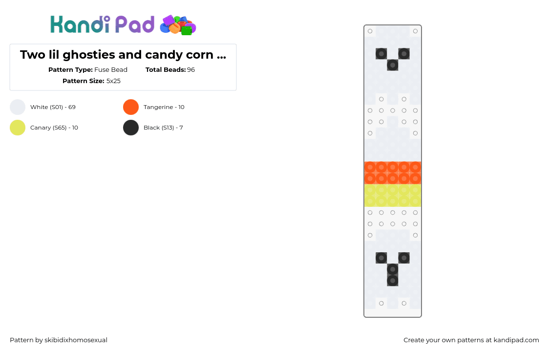 Two lil ghosties and a singular candy corn lol :3 (hehe >:3) Halloween fuse bead pattern - Fuse Bead Pattern by skibidixhomosexual on Kandi Pad - candy cord,ghosts,charms,cute,spooky,halloween,simple,white