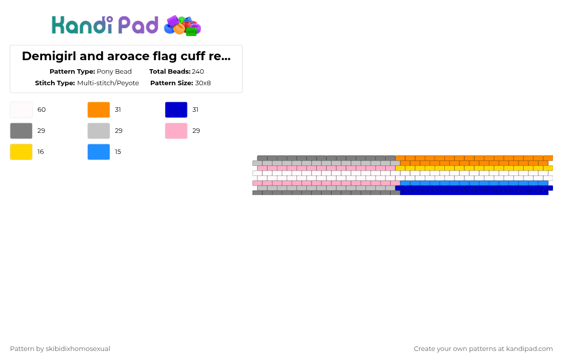 Demigirl and aroace flag cuff requested by: johnnygoodboy_tyler  2/4 - Pony Bead Pattern by skibidixhomosexual on Kandi Pad - orange,beige,colorful,demi,demigirl,aroace,lgbtq,lgbtqia,pride,cuff,lgbt